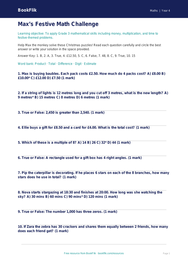 Free Christmas Maths Quiz | Grade 3 | Math | BookFlik worksheet preview — Maths Christmas Maths