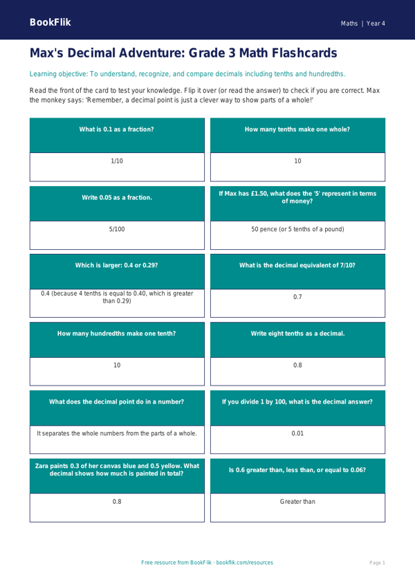 Free Decimals Flashcards for Grade 3 Math | BookFlik worksheet preview — Maths Decimals