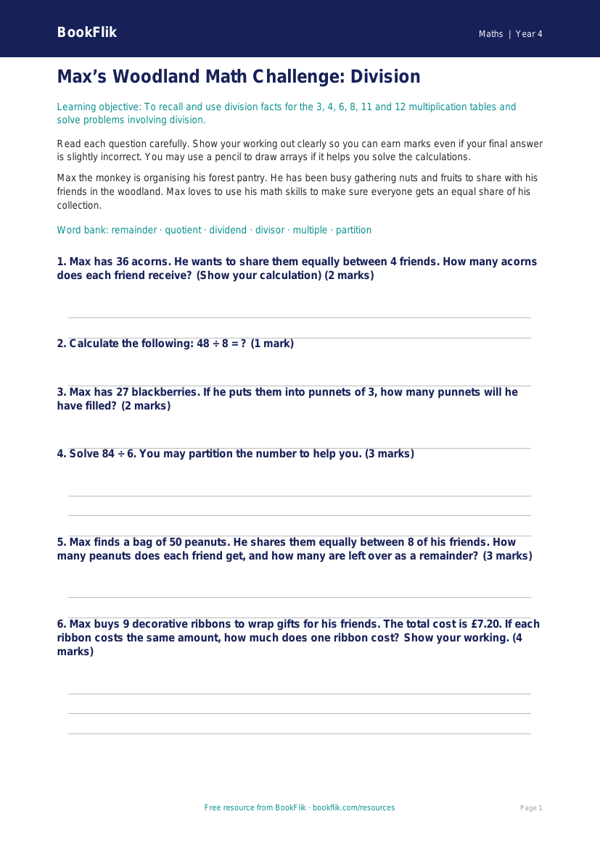 Free Division Assessment for Grade 3 Students | BookFlik Math worksheet preview — Maths Division