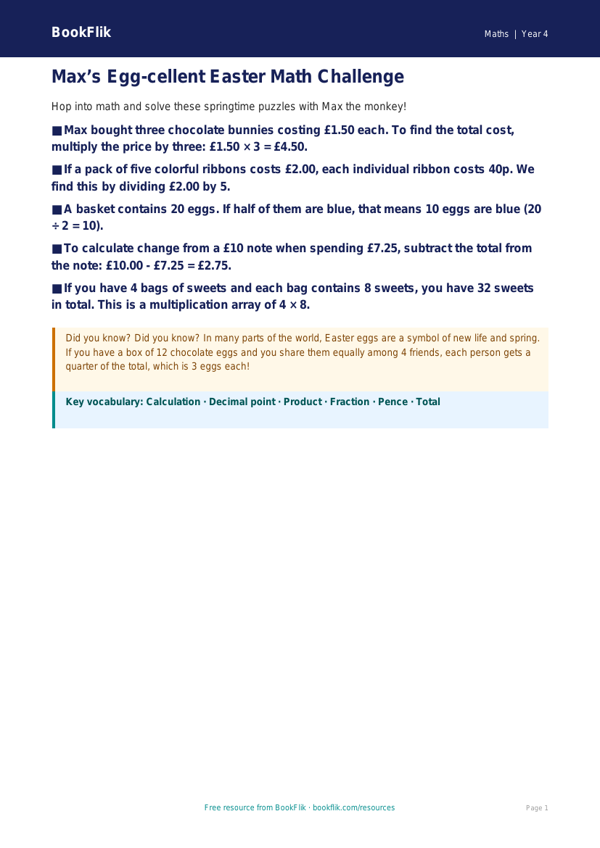 Free Easter Maths Poster | Grade 3 | Math | BookFlik worksheet preview — Maths Easter Maths