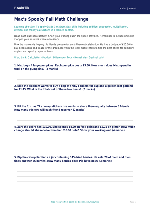 Free Halloween Maths Assessment | Grade 3 | Math | BookFlik worksheet preview — Maths Halloween Maths