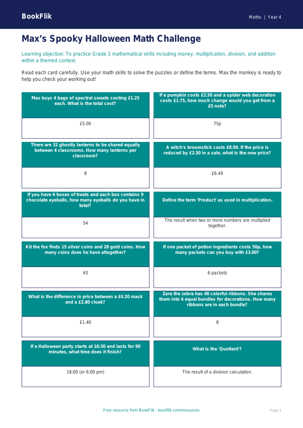 Math halloween maths flashcards grade 3 core worksheet preview — Maths Halloween Maths