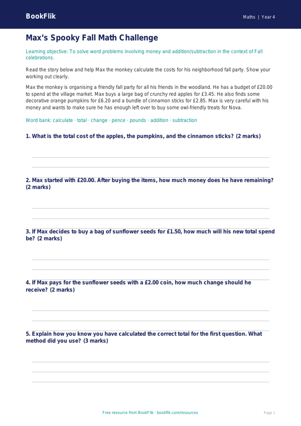 Free Halloween Maths Track Sheet | Grade 3 | Math | BookFlik worksheet preview — Maths Halloween Maths