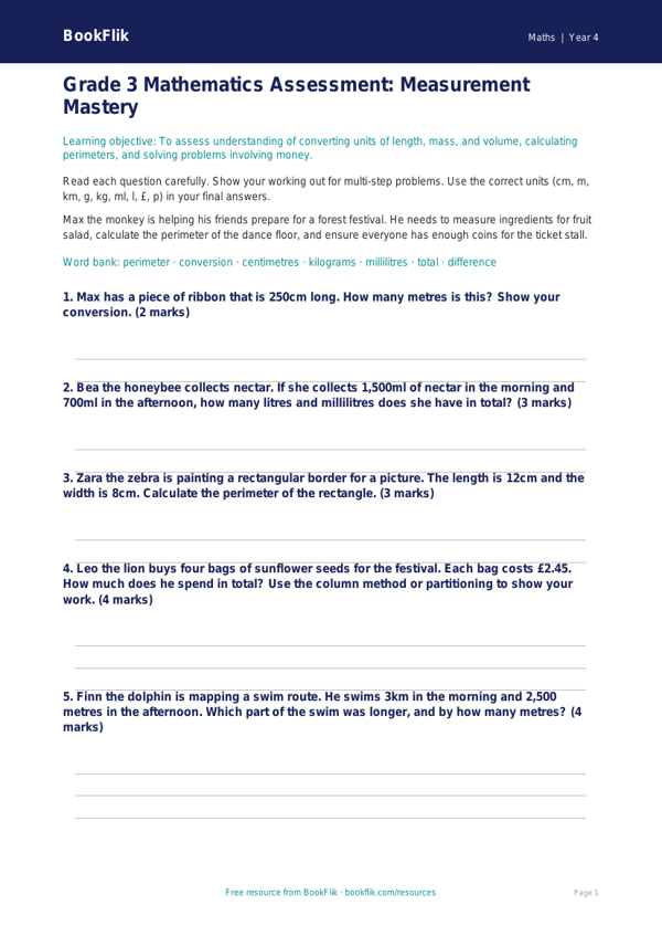 Free Measurement Assessment | Grade 3 | Math | BookFlik worksheet preview — Maths Measurement