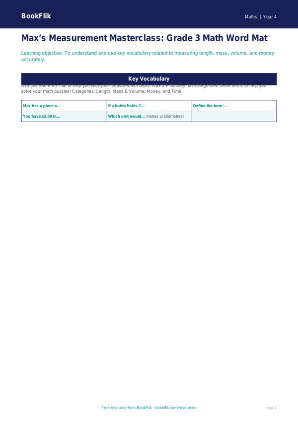 Free Measurement Word Mat | Grade 3 | Math | BookFlik worksheet preview — Maths Measurement