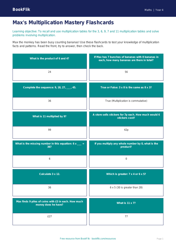 Free Multiplication Flashcards | Grade 3 | Math | BookFlik worksheet preview — Maths Multiplication