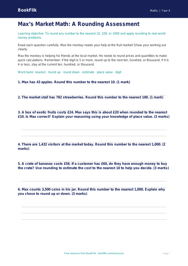 Free Rounding Assessment for Grade 3 Math | BookFlik worksheet preview — Maths Rounding