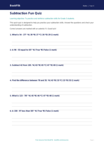 Free Subtraction Quiz | Grade 3 | Math | BookFlik
