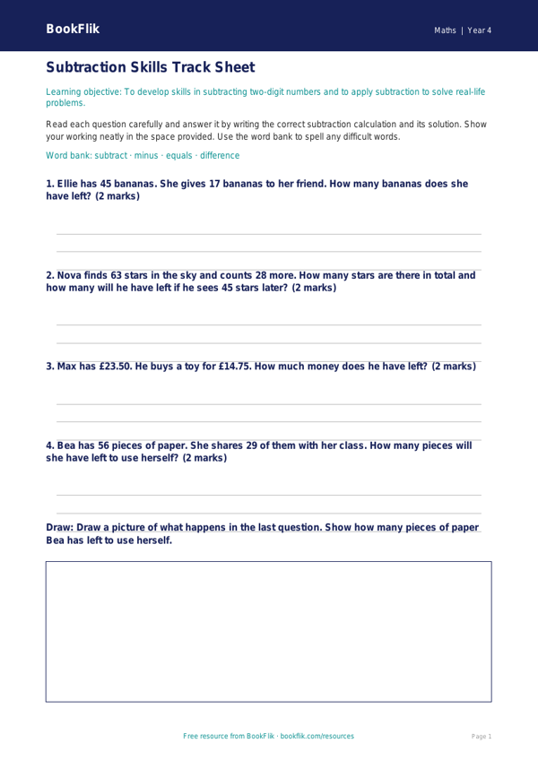 Math subtraction track sheet grade 3 core worksheet preview — Maths Subtraction