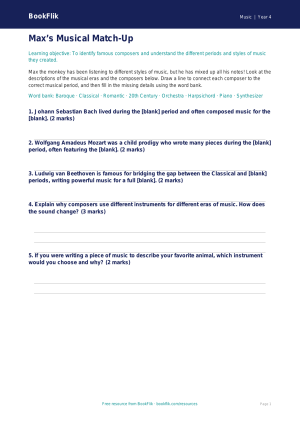 Music composers activity sheet grade 3 core worksheet preview — Music Composers