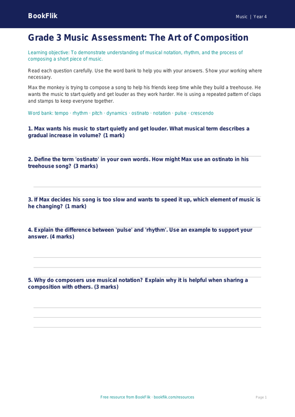Free Grade 3 Music Composition Assessment | BookFlik worksheet preview — Music Composition