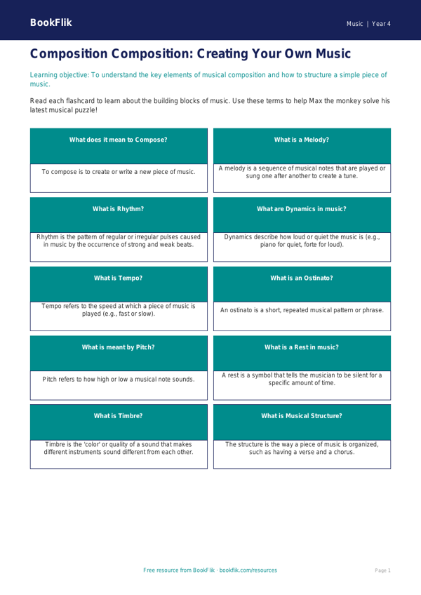 Free Composition Flashcards for Grade 3 Music Lessons | BookFlik worksheet preview — Music Composition