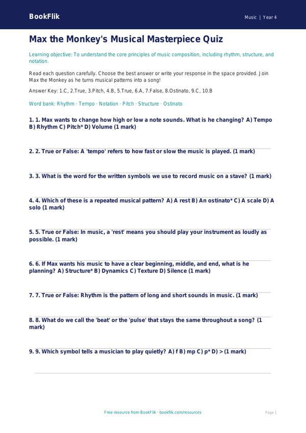 Free Music Composition Quiz for Grade 3 Students | BookFlik worksheet preview — Music Composition