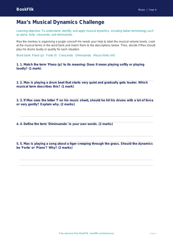 Free Dynamics Music Activity Sheet for Grade 3 Students | BookFlik worksheet preview — Music Dynamics