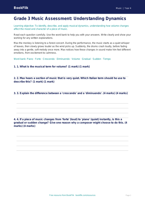 Free Dynamics Assessment for Grade 3 Music - BookFlik worksheet preview — Music Dynamics