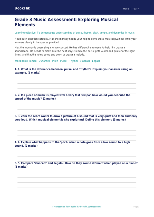 Free Musical Elements Assessment | Grade 3 | Music | BookFlik worksheet preview — Music Musical Elements