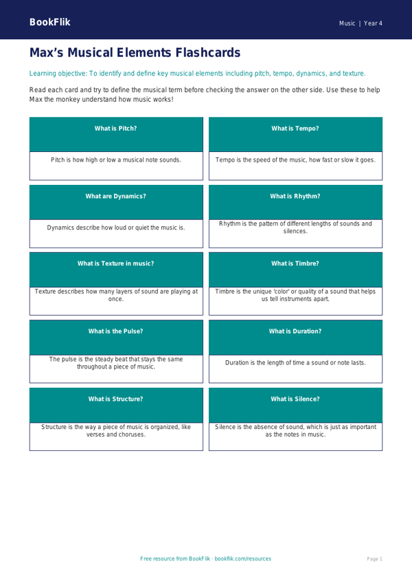 Free Musical Elements Flashcards for Grade 3 Students | BookFlik worksheet preview — Music Musical Elements