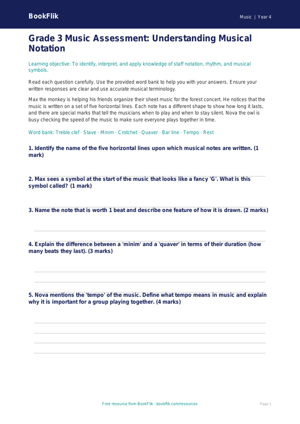 Music notation assessment grade 3 core worksheet preview — Music Notation