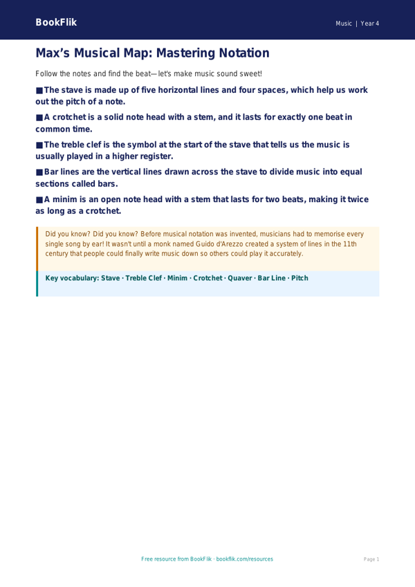 Free Music Notation Poster | Grade 3 | Music | BookFlik worksheet preview — Music Notation