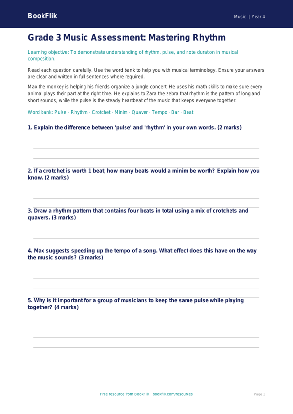Free Rhythm Assessment | Grade 3 | Music | BookFlik worksheet preview — Music Rhythm