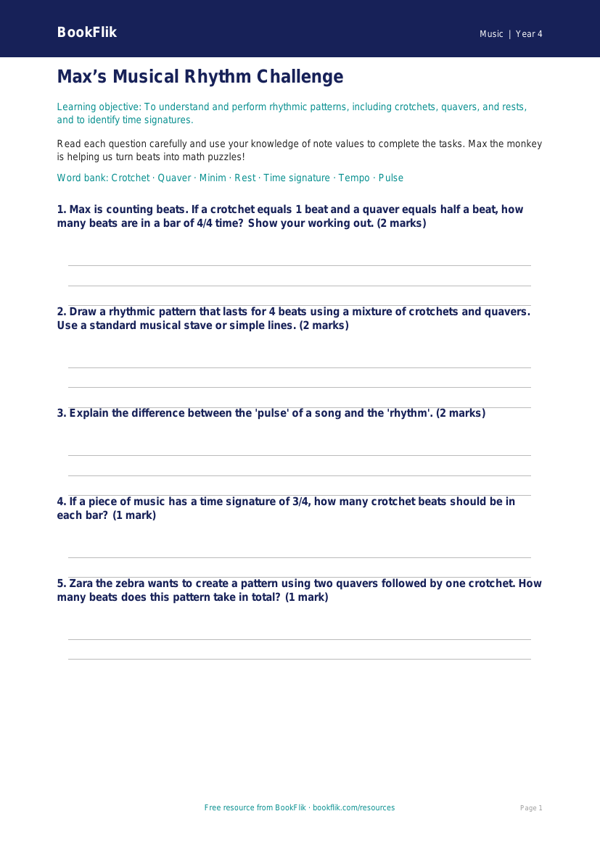 Free Rhythm Worksheet | Grade 3 | Music | BookFlik worksheet preview — Music Rhythm
