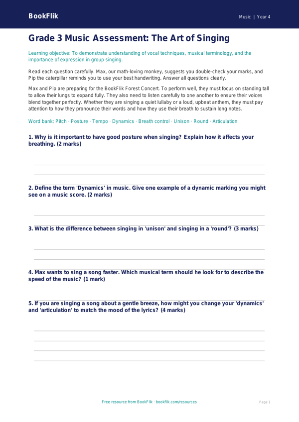 Free Singing Assessment for Grade 3 Students | BookFlik worksheet preview — Music Singing