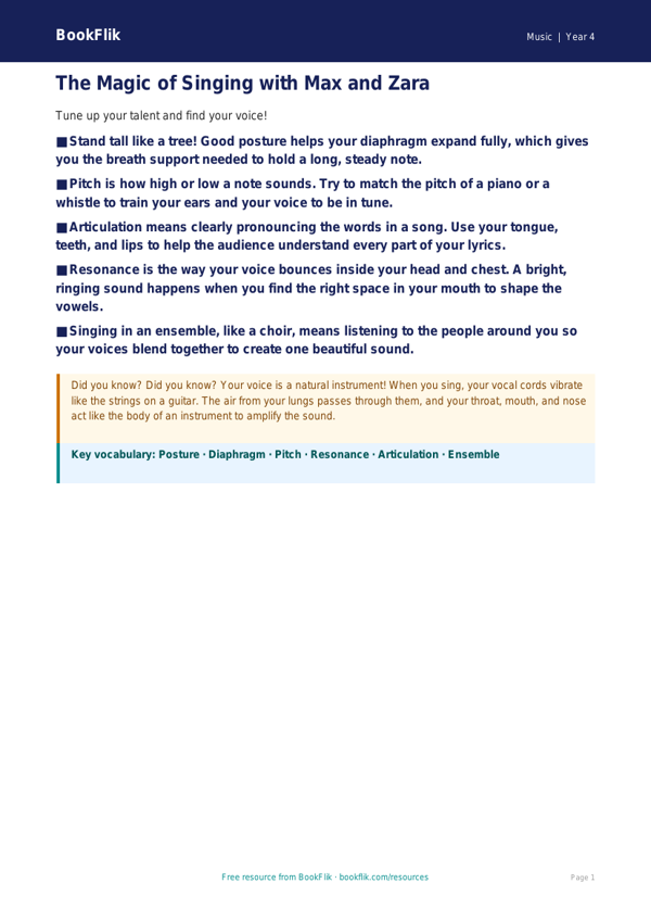 Free Singing Poster | Grade 3 | Music | BookFlik worksheet preview — Music Singing