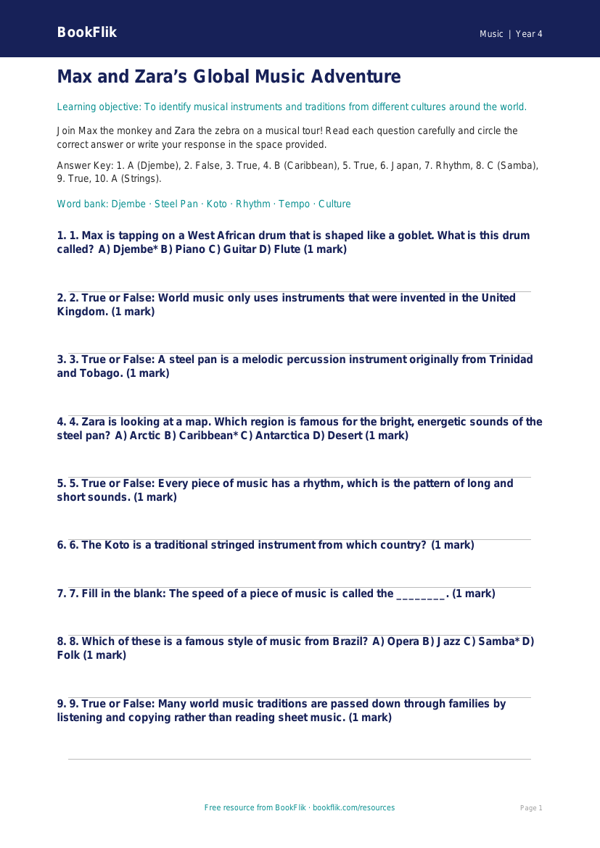 Free World Music Quiz for Grade 3 Students | BookFlik worksheet preview — Music World Music