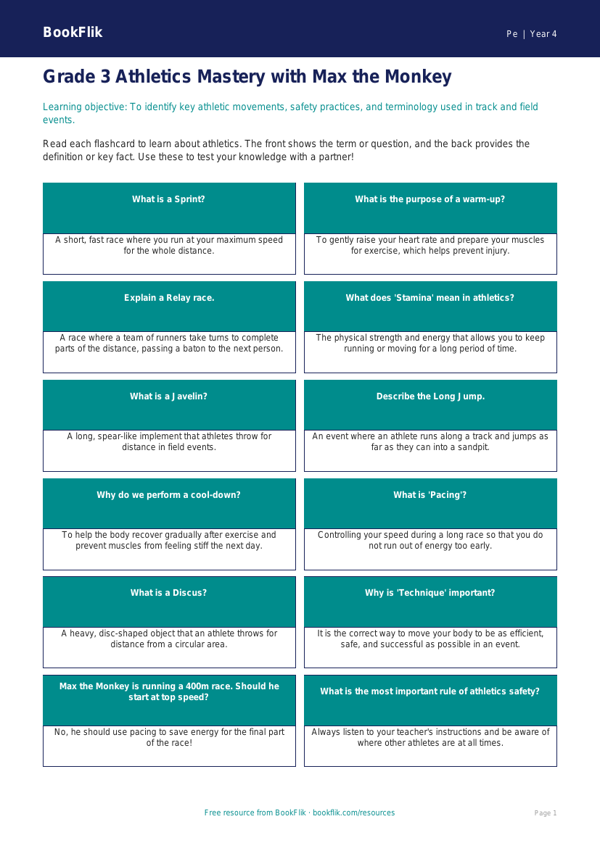 Free Athletics Flashcards for Grade 3 | Physical Education | BookFlik worksheet preview — Pe Athletics