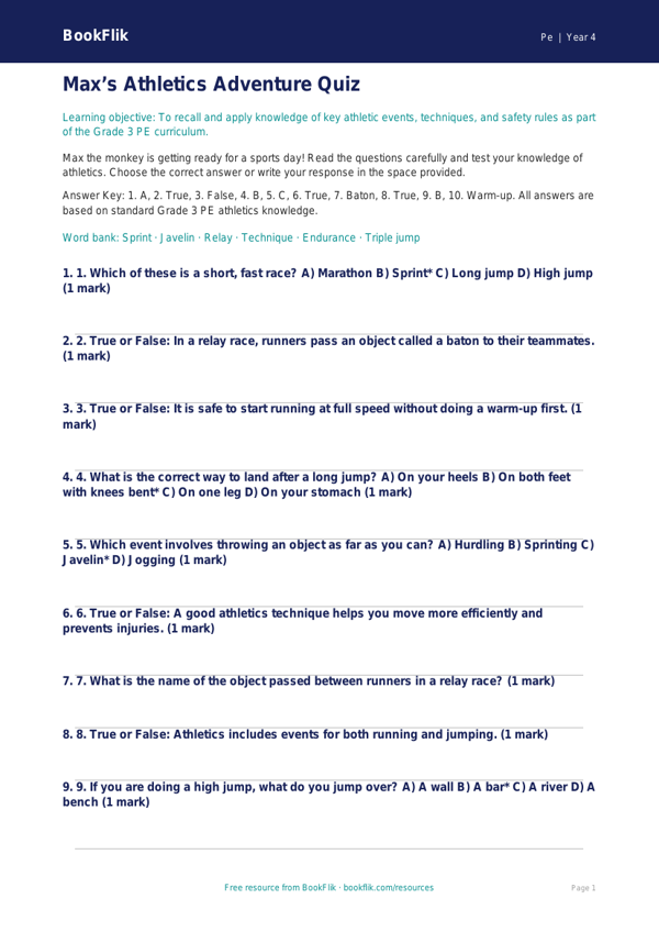 Free Athletics Quiz | Grade 3 | Physical Education | BookFlik worksheet preview — Pe Athletics