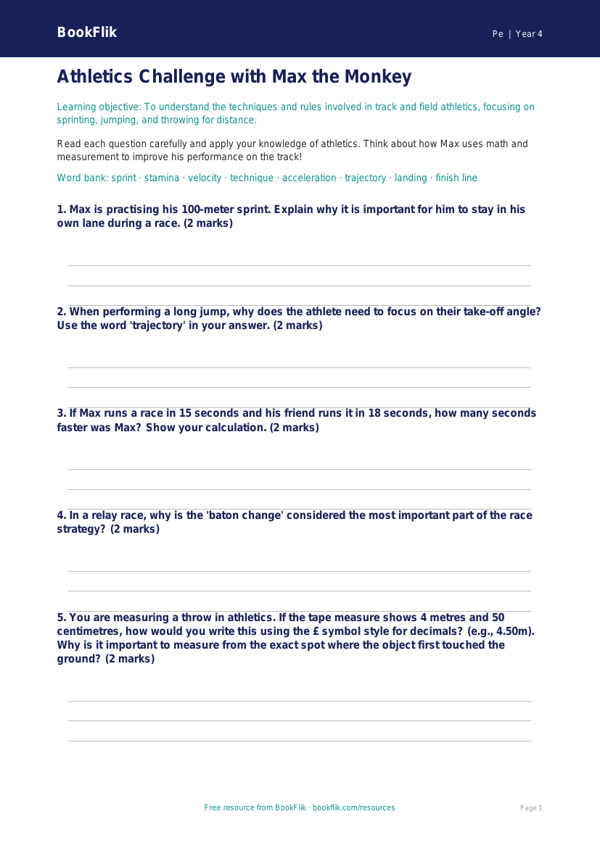 Free Athletics Worksheet | Grade 3 | Physical Education | BookFlik worksheet preview — Pe Athletics
