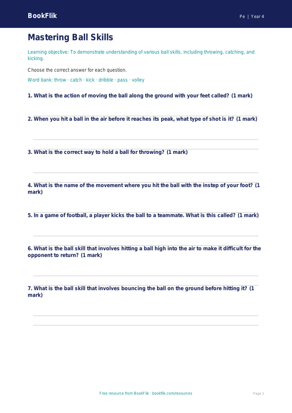 Physical Education ball skills worksheet grade 3 core worksheet preview — Pe Ball Skills