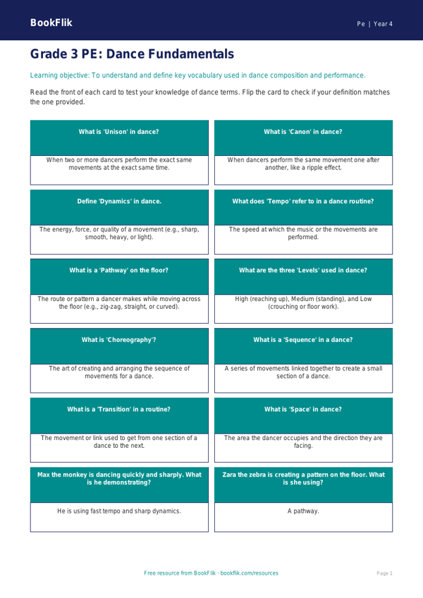 Free Dance Flashcards for Grade 3 Physical Education | BookFlik worksheet preview — Pe Dance