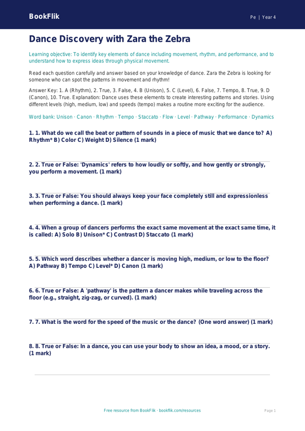 Free Dance Quiz for Grade 3 Students | BookFlik Physical Education worksheet preview — Pe Dance