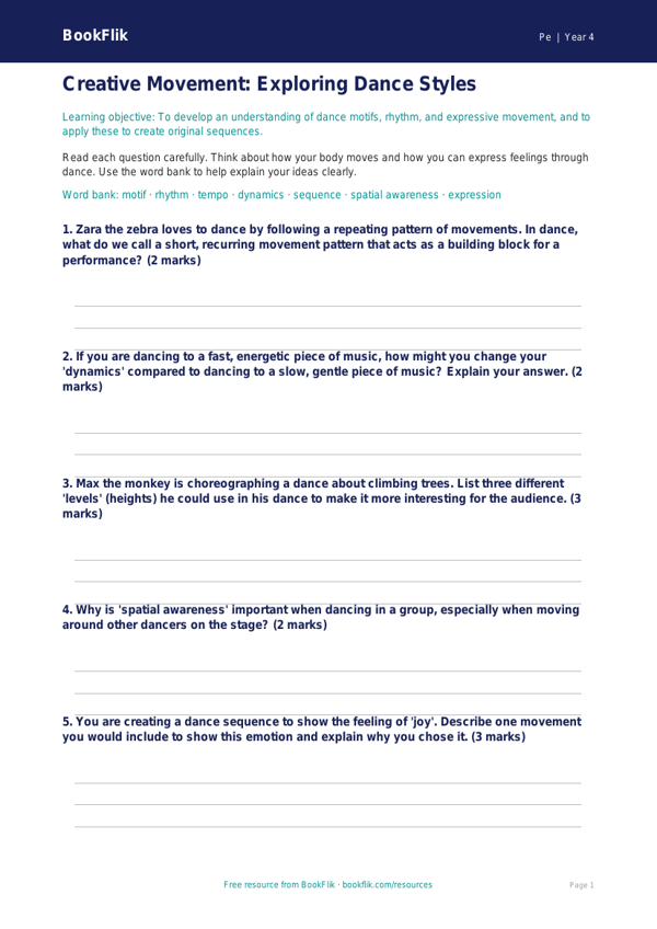Free Dance Worksheet for Grade 3 | Physical Education | BookFlik worksheet preview — Pe Dance