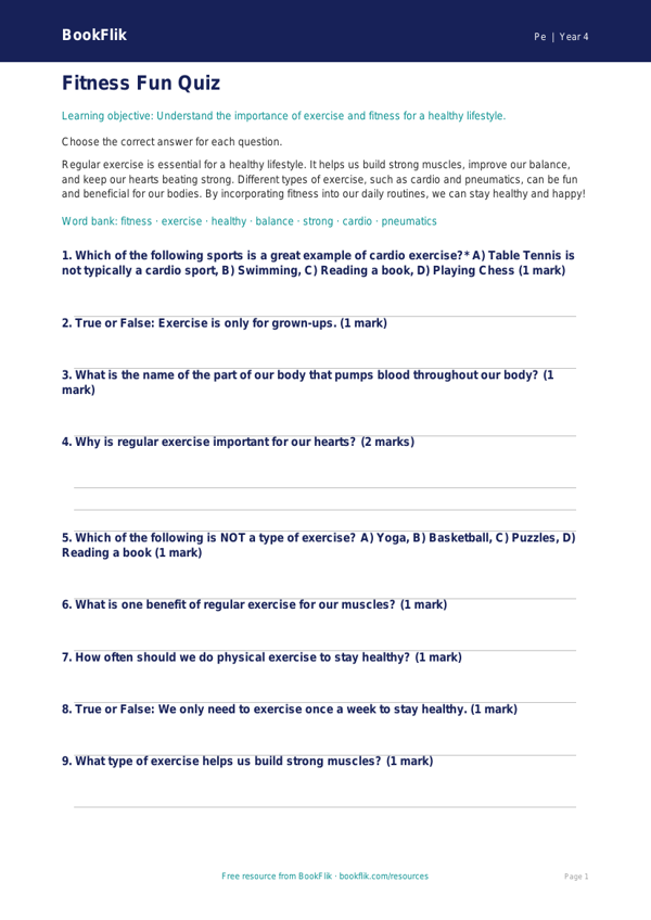 Get Fit with BookFlik | Grade 3 Fitness Quiz | Physical Education | Free Download worksheet preview — Pe Fitness