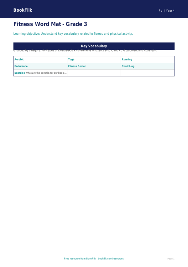 Free Fitness Word Mat | Grade 3 | Physical Education | BookFlik worksheet preview — Pe Fitness