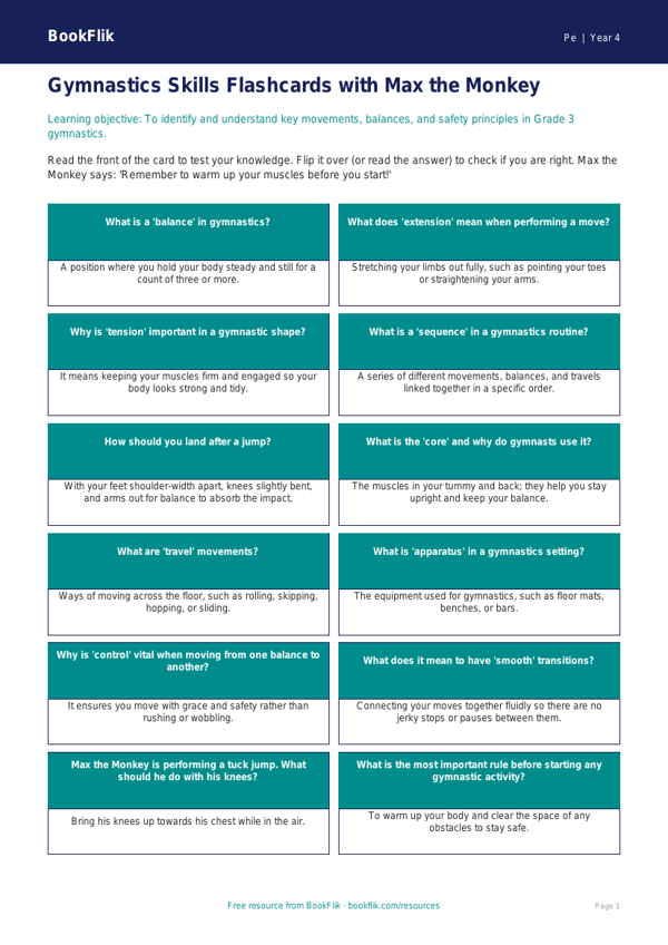 Free Gymnastics Flashcards for Grade 3 Students | BookFlik worksheet preview — Pe Gymnastics