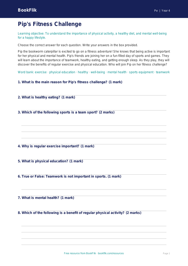 Free Health and Fitness Quiz for Grade 3 Students | BookFlik worksheet preview — Pe Health And Fitness