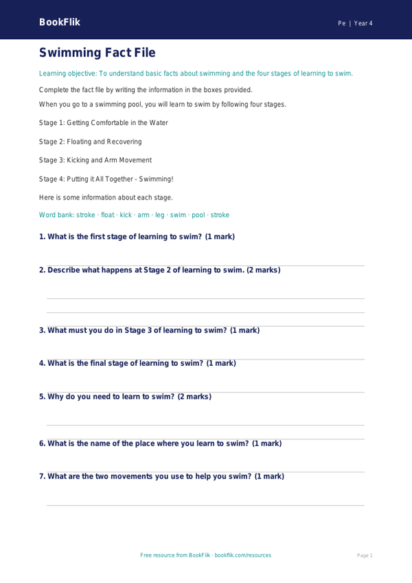 Free Swimming Template | Grade 3 | Physical Education | BookFlik worksheet preview — Pe Swimming