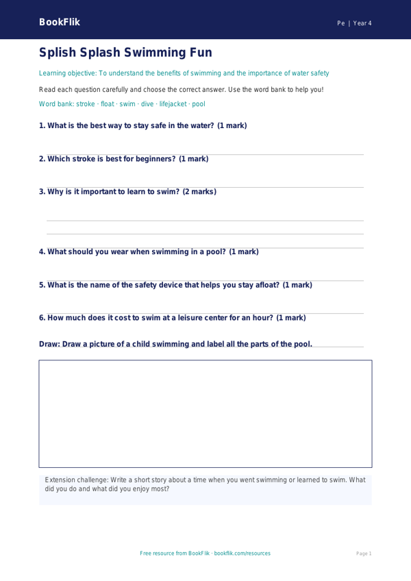 Free Swimming Worksheet for Grade 3 | Physical Education | BookFlik worksheet preview — Pe Swimming