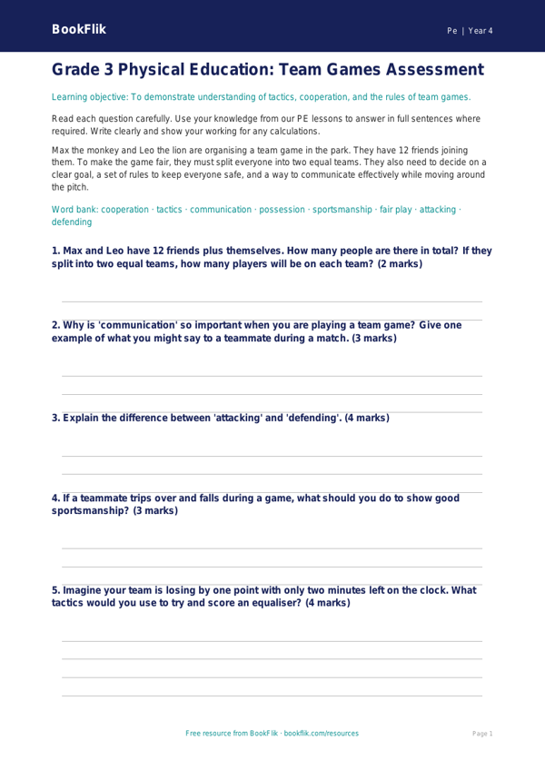 Free Team Games Assessment | Grade 3 | Physical Education | BookFlik worksheet preview — Pe Team Games