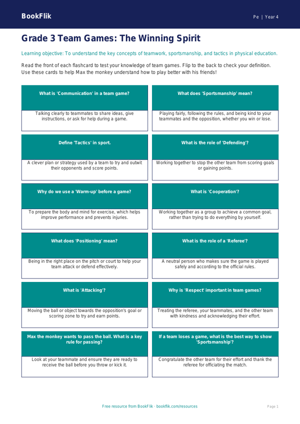 Free Team Games Flashcards for Grade 3 Physical Education | BookFlik worksheet preview — Pe Team Games