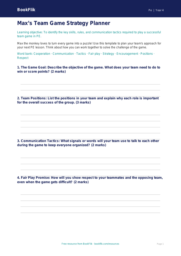 Free Team Games Template for Grade 3 Physical Education | BookFlik worksheet preview — Pe Team Games