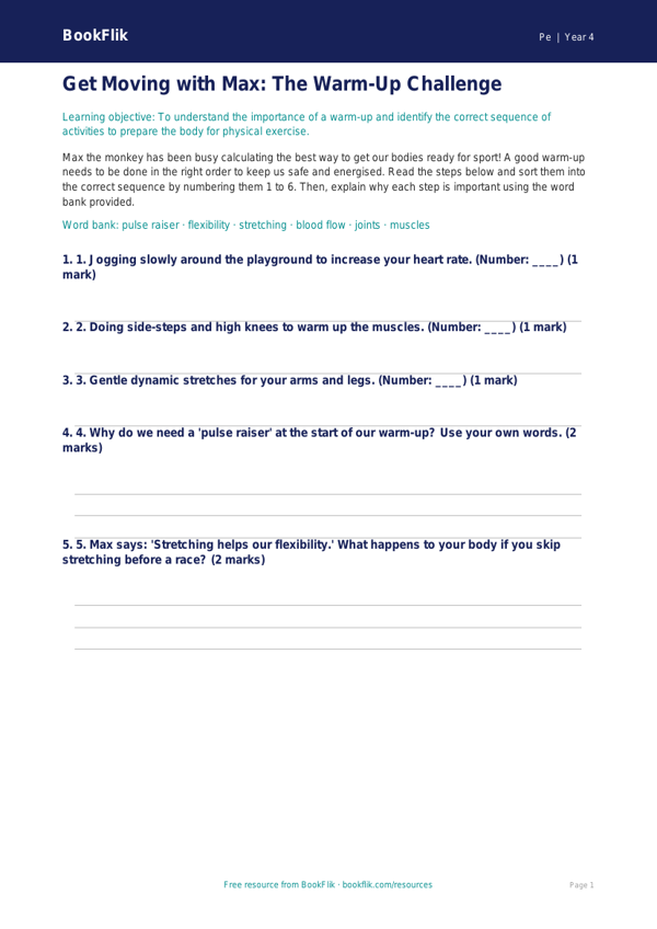 Physical Education warm up activity sheet grade 3 core worksheet preview — Pe Warm Up
