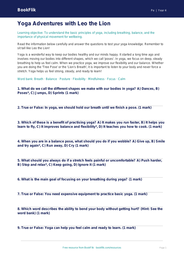 Free Yoga Quiz for Grade 3 | Physical Education | BookFlik worksheet preview — Pe Yoga