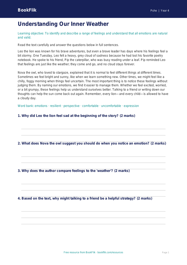 Free Feelings Comprehension | Grade 3 | Health & Wellness | BookFlik worksheet preview — Pshe Feelings