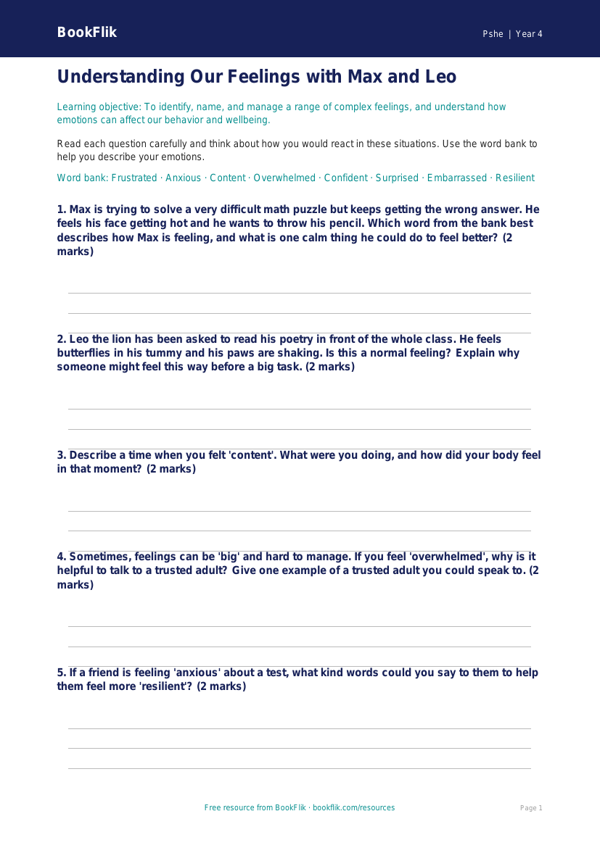 Free Feelings Worksheet | Grade 3 | Health & Wellness | BookFlik worksheet preview — Pshe Feelings