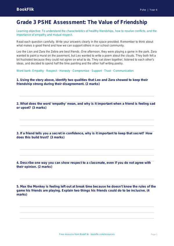 Free Friendship Assessment | Grade 3 | Health & Wellness | BookFlik worksheet preview — Pshe Friendship