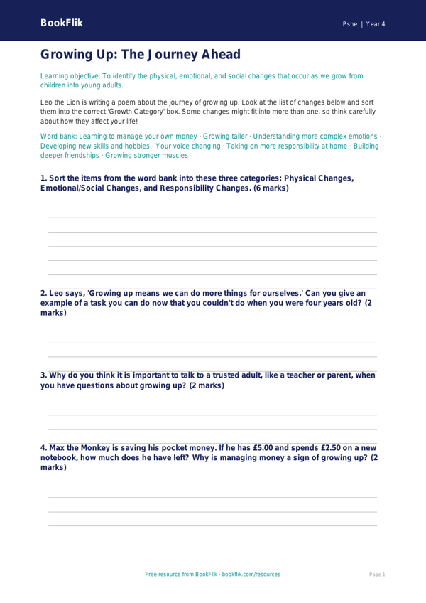 Free Growing Up Activity Sheet | Grade 3 | Health & Wellness | BookFlik worksheet preview — Pshe Growing Up